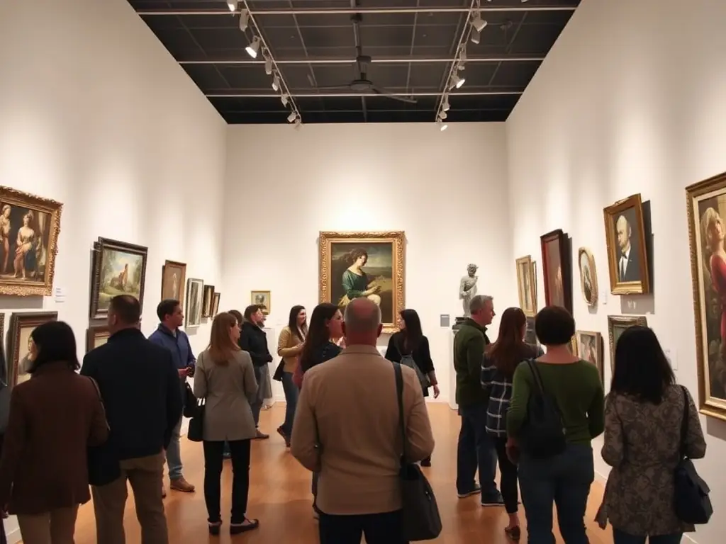 A visually appealing image of an art exhibition organized by LA BICICLETA JOURNAL DE L ART, displaying various artworks with visitors admiring and discussing the pieces in a gallery setting.