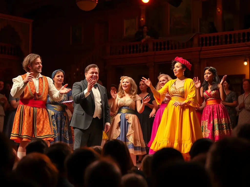 A lively theatrical performance with actors on stage, captivating the audience with their storytelling and dramatic expression.