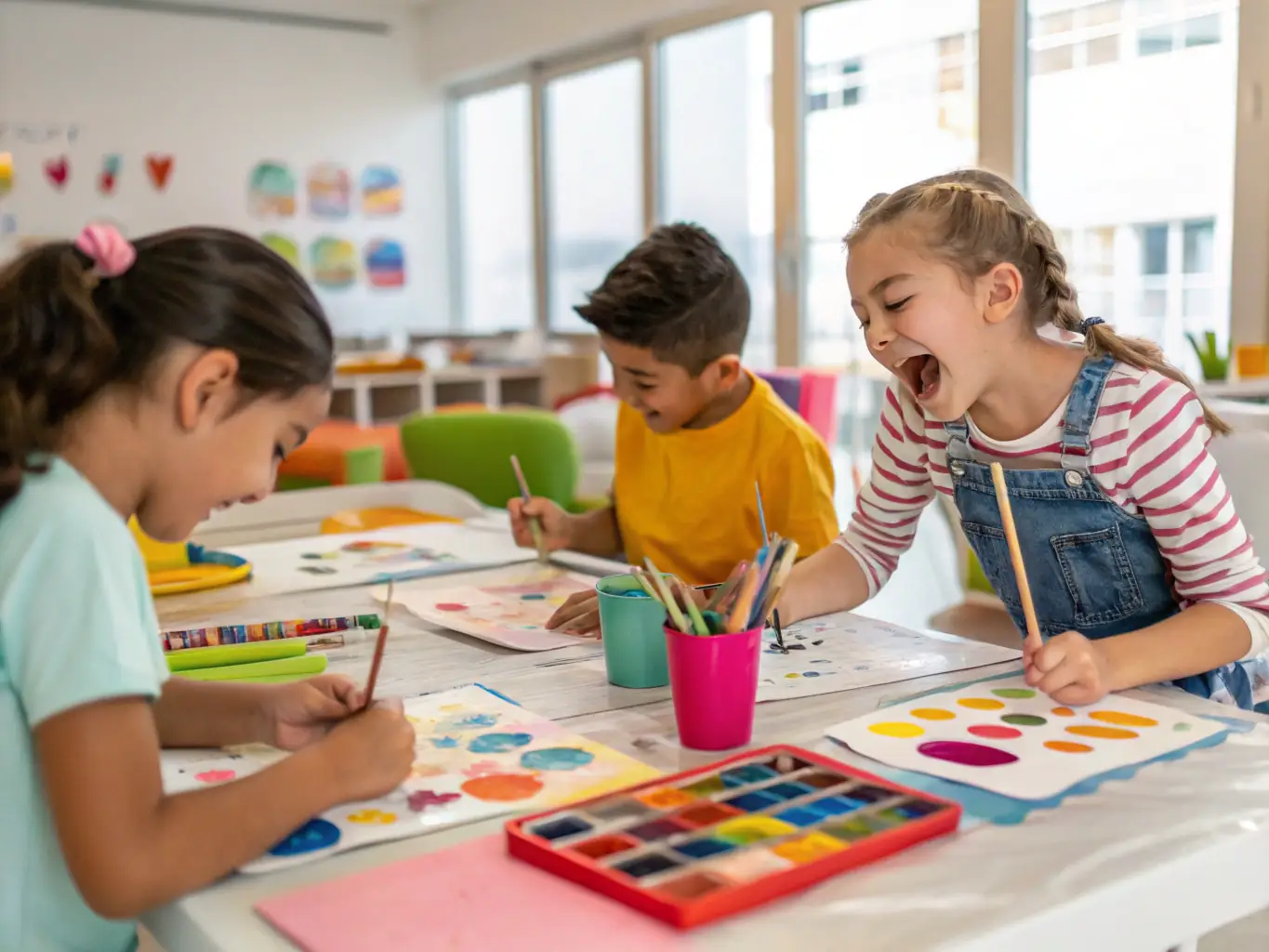 A photograph of children participating in an art workshop, their faces lit up with creativity and excitement as they learn new artistic skills.