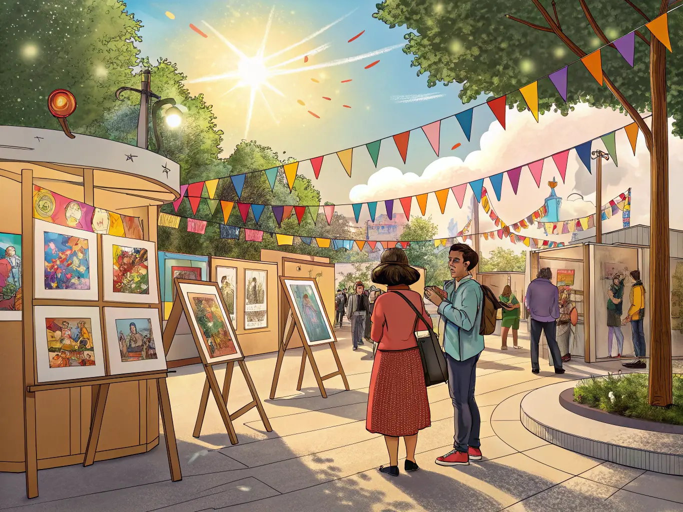 A photograph of an outdoor art exhibition organized by LA BICICLETA JOURNAL DE L ART, featuring various art installations and attendees admiring the artwork.