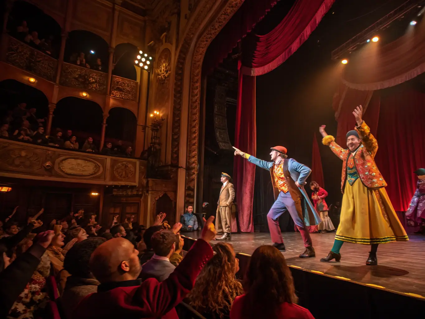 A photograph capturing a scene from a theatrical performance organized by LA BICICLETA JOURNAL DE L ART, showcasing actors in costume and the audience enjoying the show.