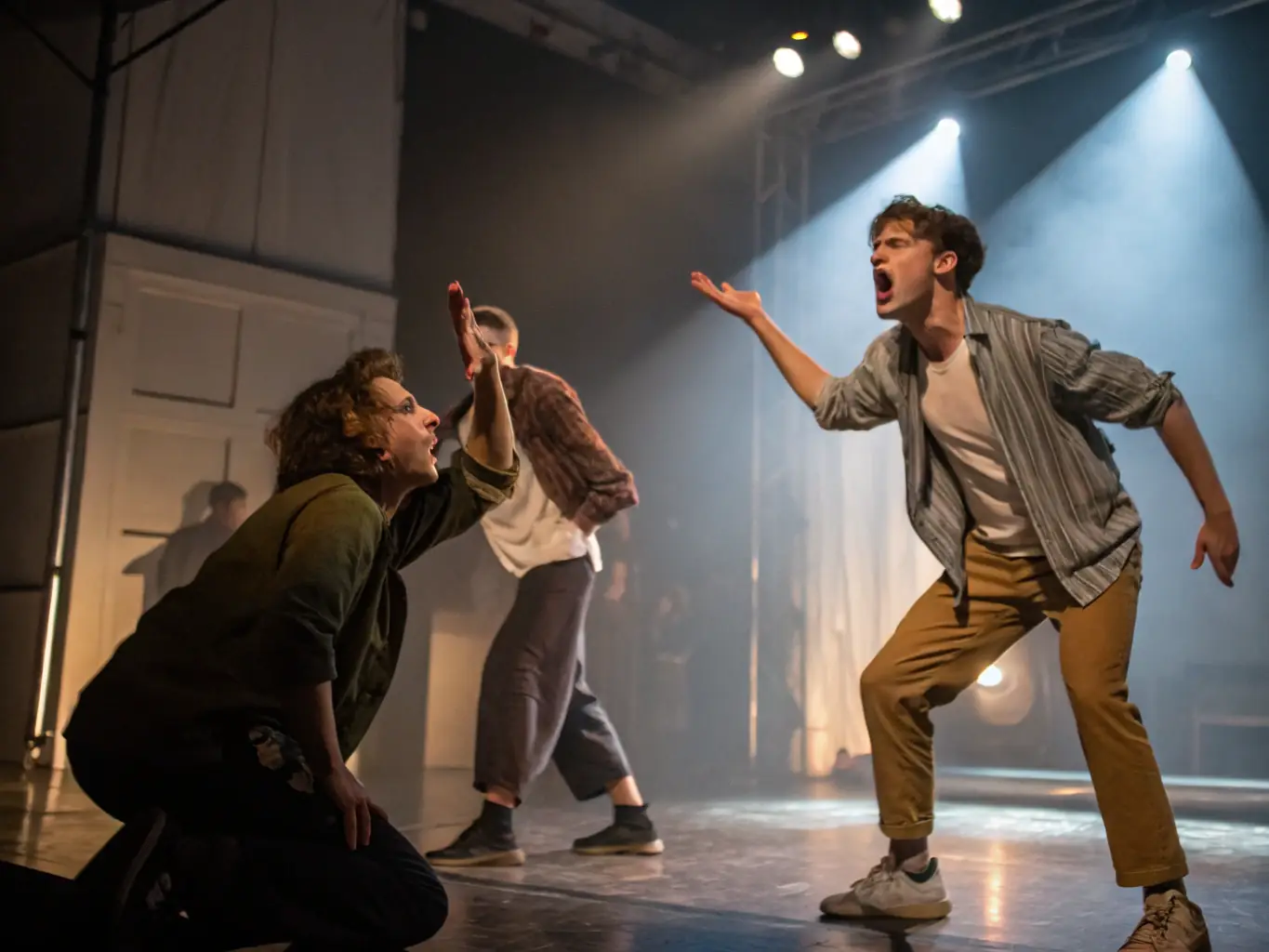 A photograph capturing a live theatrical performance organized by LA BICICLETA JOURNAL DE L ART, showcasing actors on stage with expressive lighting and costumes, set in a local community theatre.
