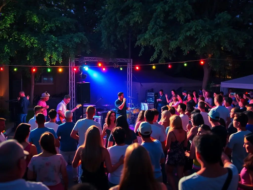 A photograph capturing the excitement of a live music performance at a recent community festival organized by LA BICICLETA JOURNAL DE L ART, showcasing diverse attendees enjoying the music.