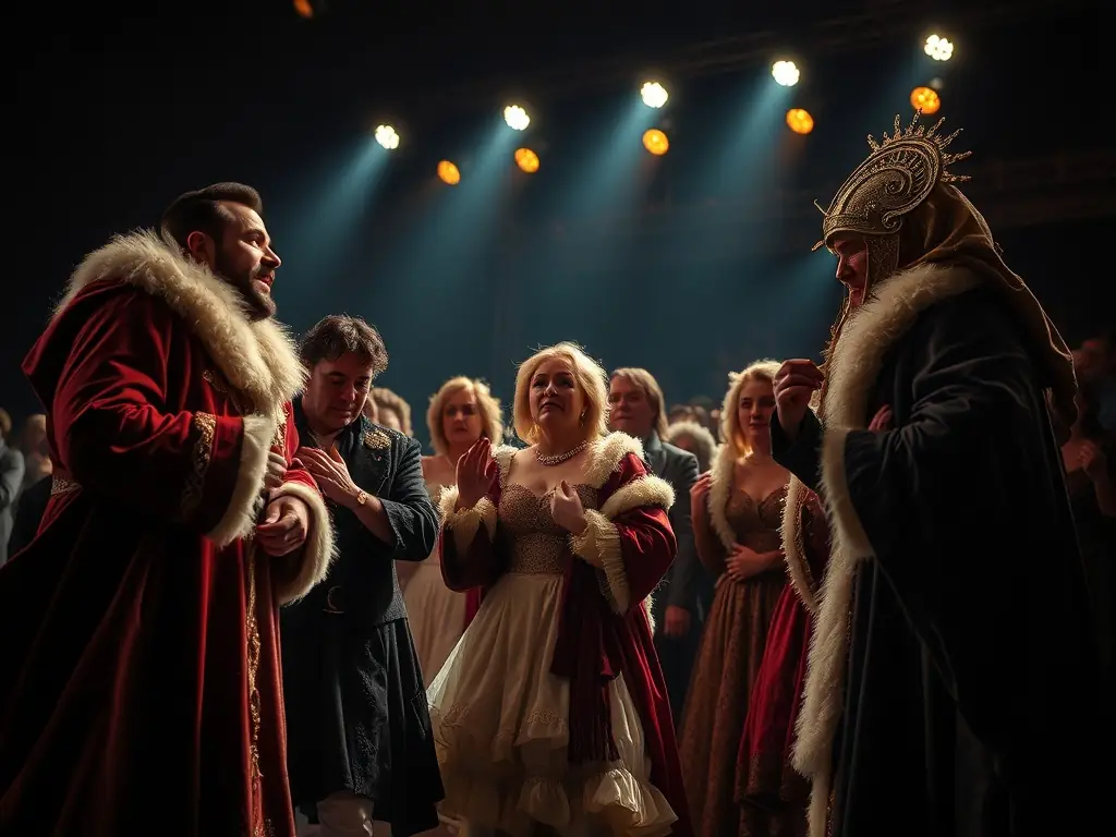 An image depicting a lively scene from a theatrical performance organized by LA BICICLETA JOURNAL DE L ART, showcasing actors on stage and an engaged audience.