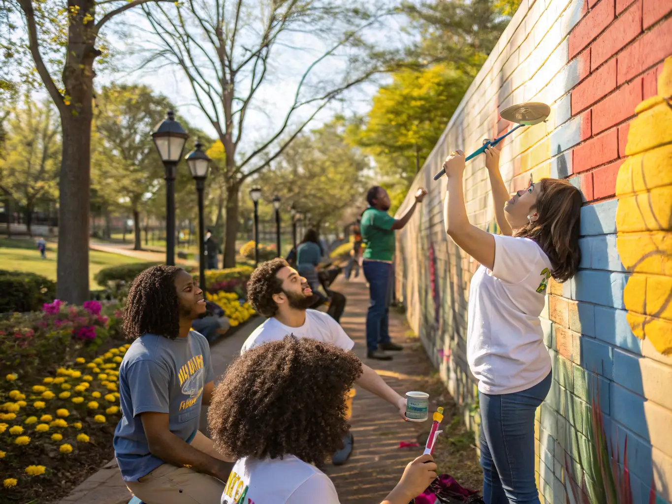 A photograph capturing a diverse group of people participating in a community art project, painting a mural together with bright colors and joyful expressions.