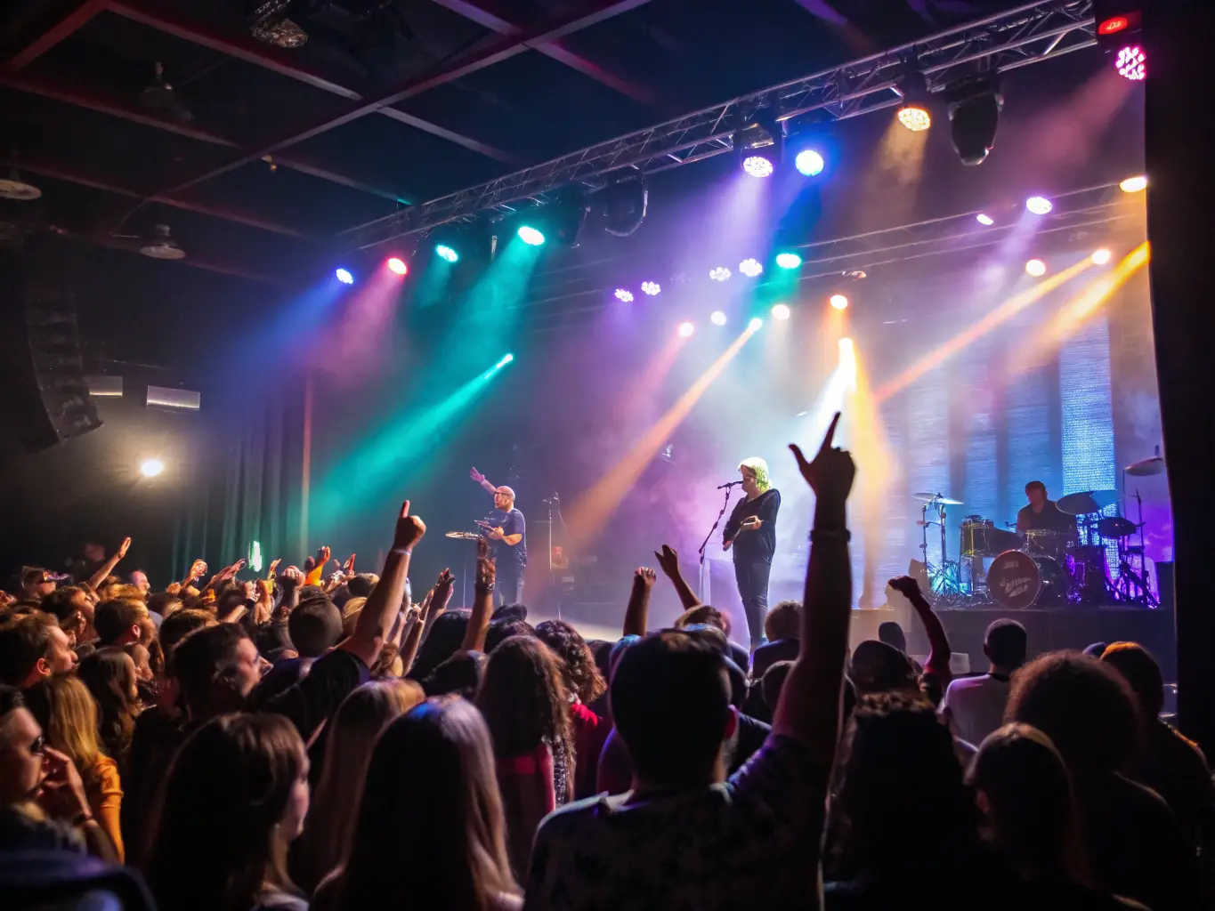 A dynamic image of a music concert organized by LA BICICLETA JOURNAL DE L ART, featuring a band performing on stage with enthusiastic audience members enjoying the music.