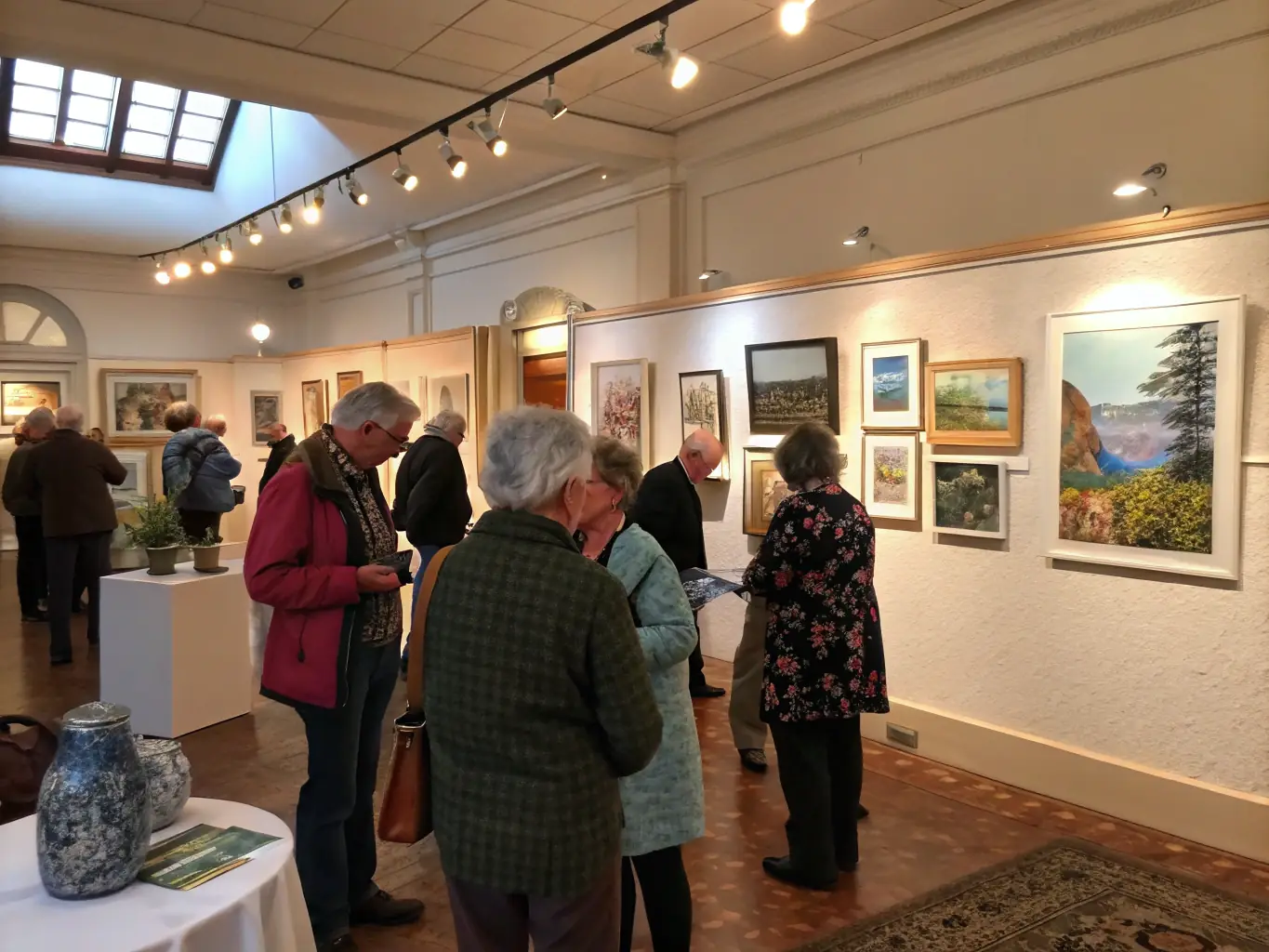 A vibrant art exhibition showcasing paintings and sculptures by local artists, with attendees of all ages admiring the artwork.
