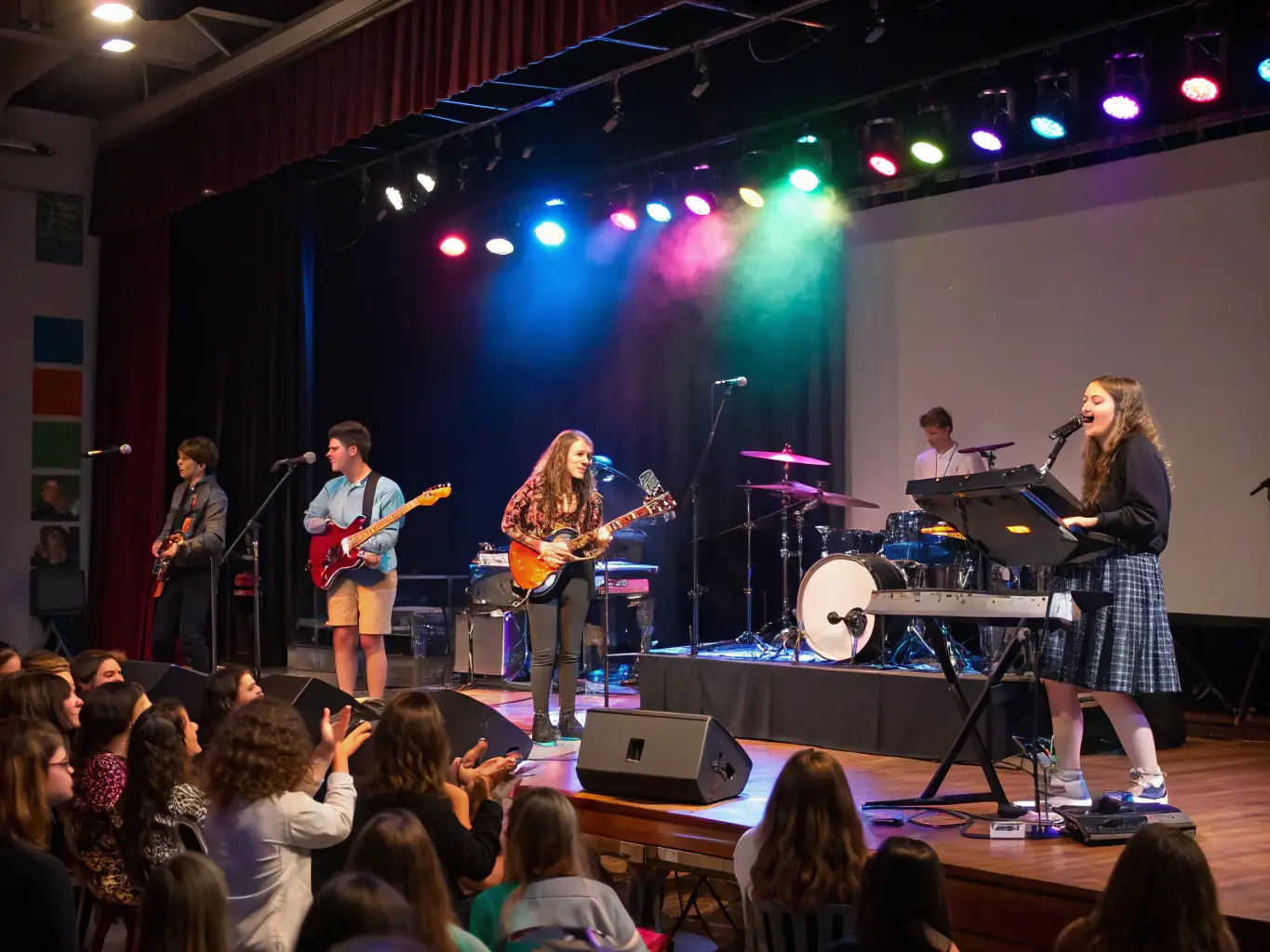 A dynamic music concert featuring musicians playing various instruments, creating an energetic and immersive musical experience for the audience.